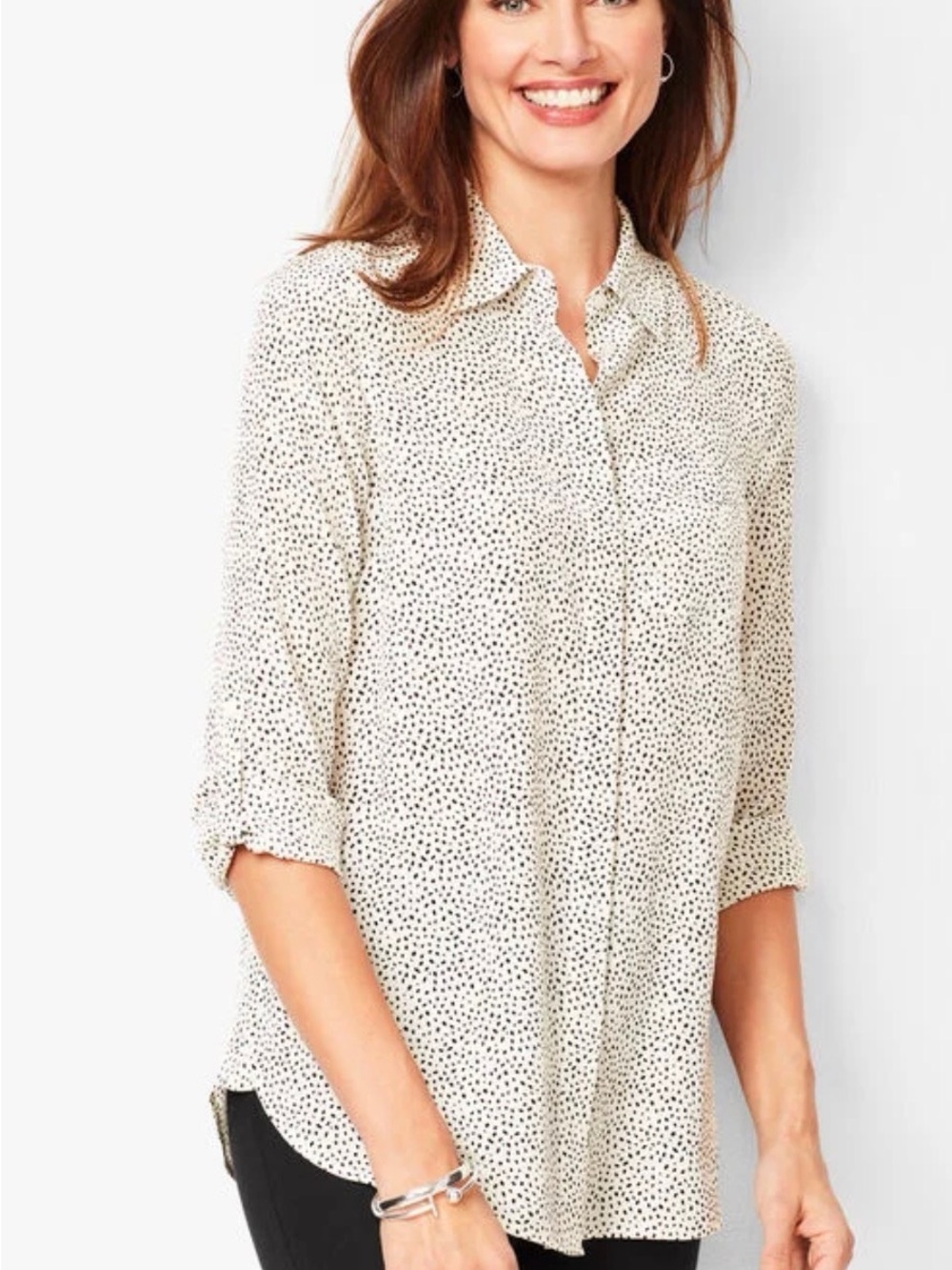 Talbots Washable Silk Women's Dab Dot Print Button-Up Blouse
